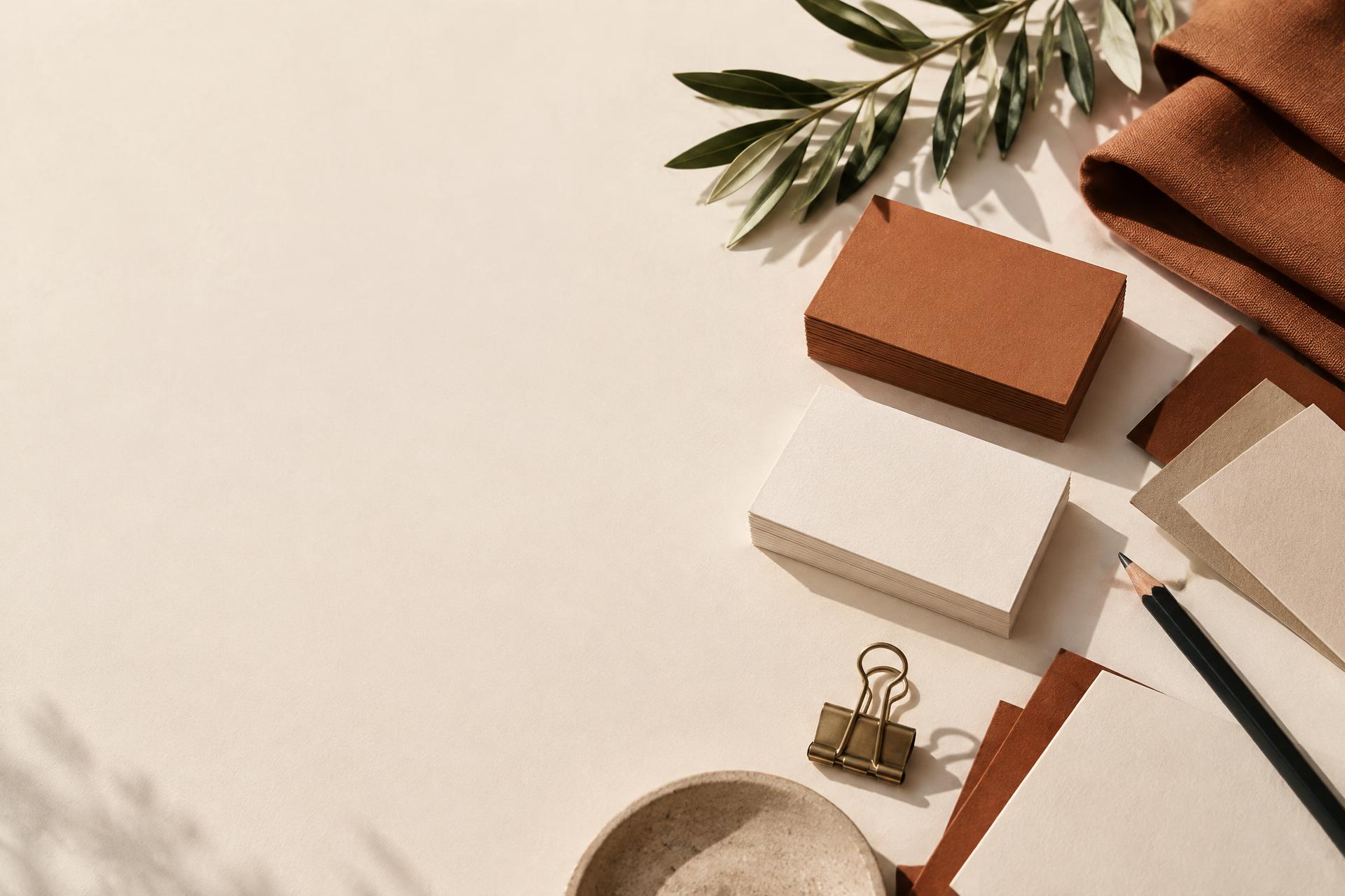 Warm paper, print materials, and terracotta fabric arranged in natural light